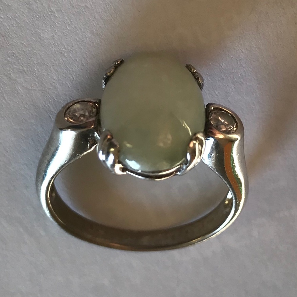 925 silver oval green light jadeite & CZ Ring Sz 8